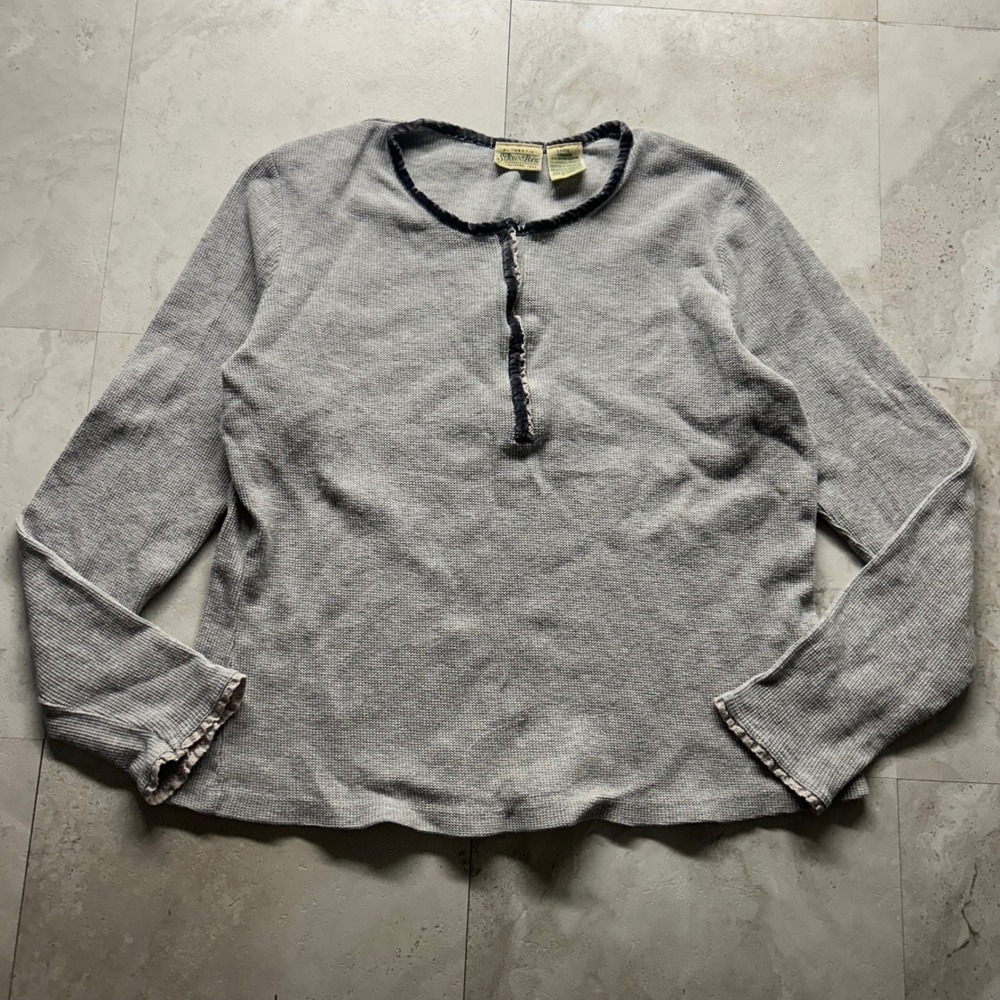St Johns Bay Waffle Knit Henley Grey Womens Large Long Sleeve Thermal Top
